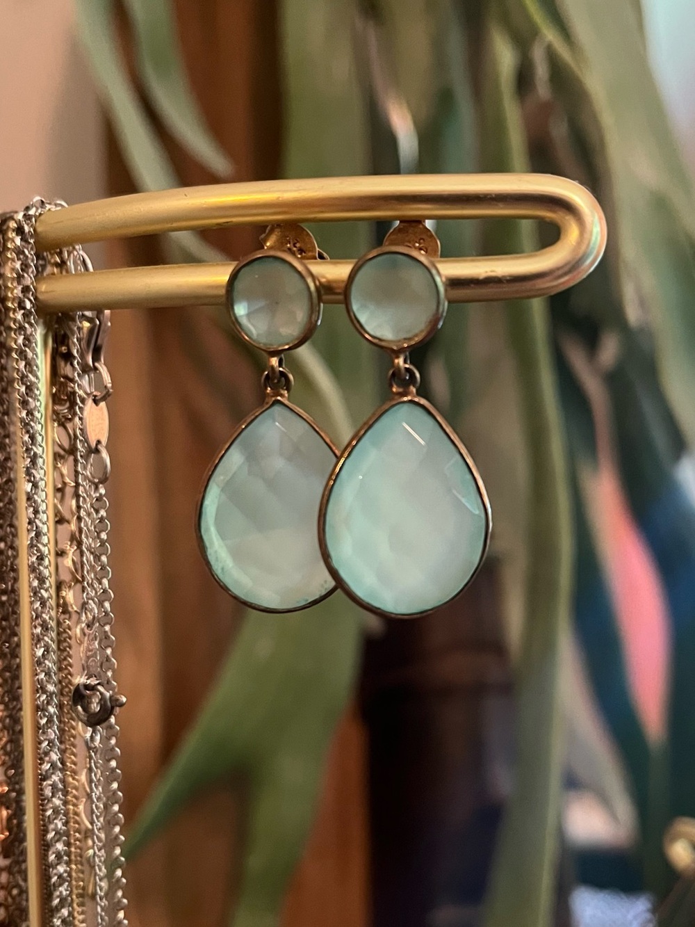Pale Aqua Teardrop Dangle Earrings with bronze/copper trim.